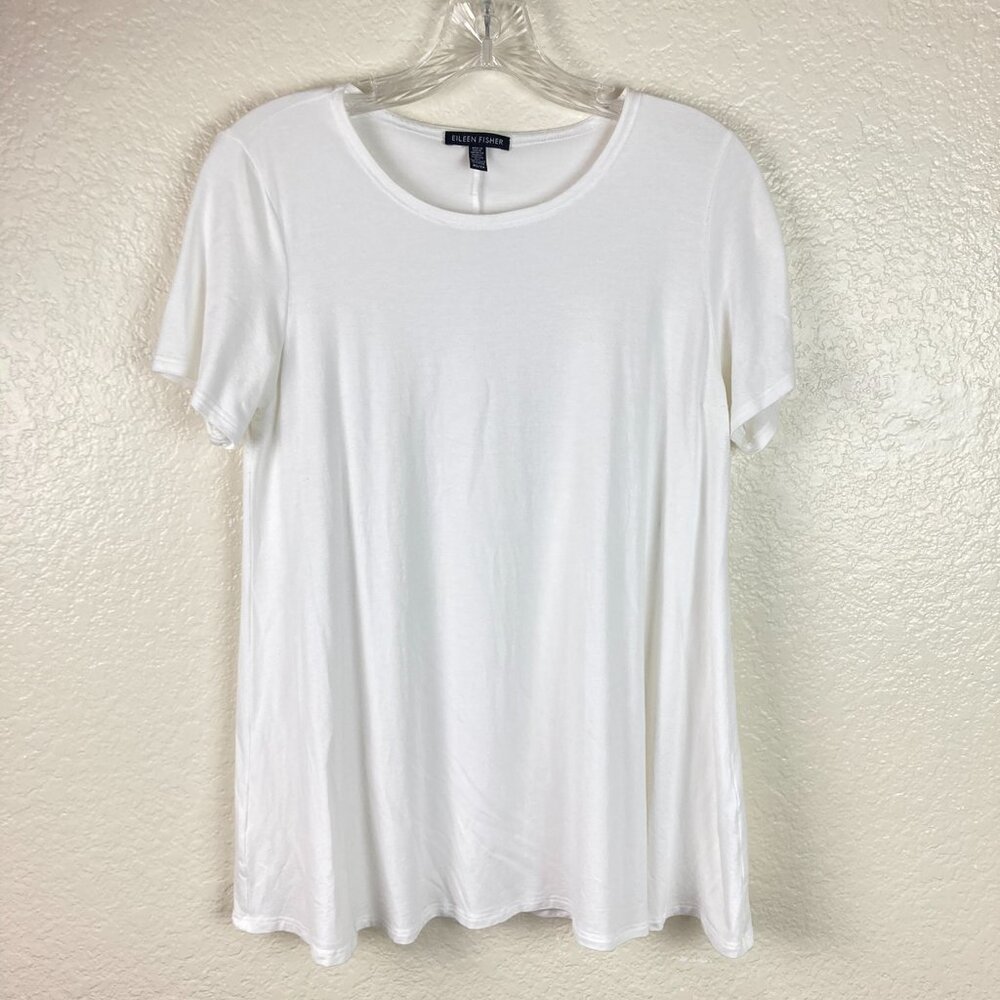 Eileen Fisher White Stretchy Jersey Scoop-Neck Short Sleeve Tunic T-Shirt Sz XS